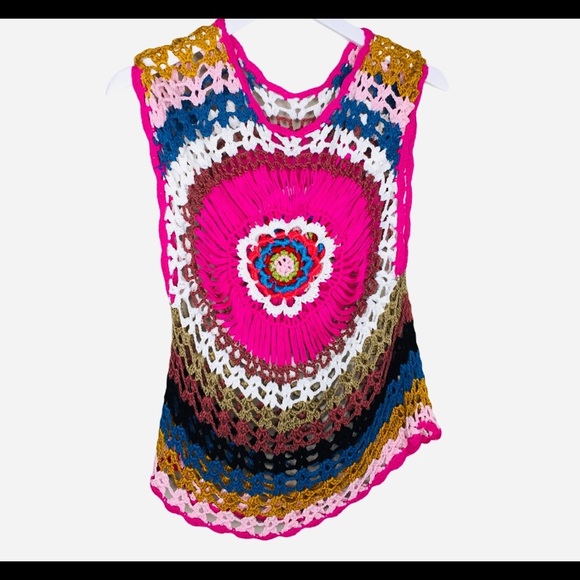 Boho Round Neck Crochet Hollow Top With Cap Sleeves & Scoop Neck Pink Size Small - Picture 3 of 7